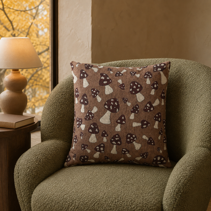 Cottagecore mushroom pillow on a green boucle armchair
