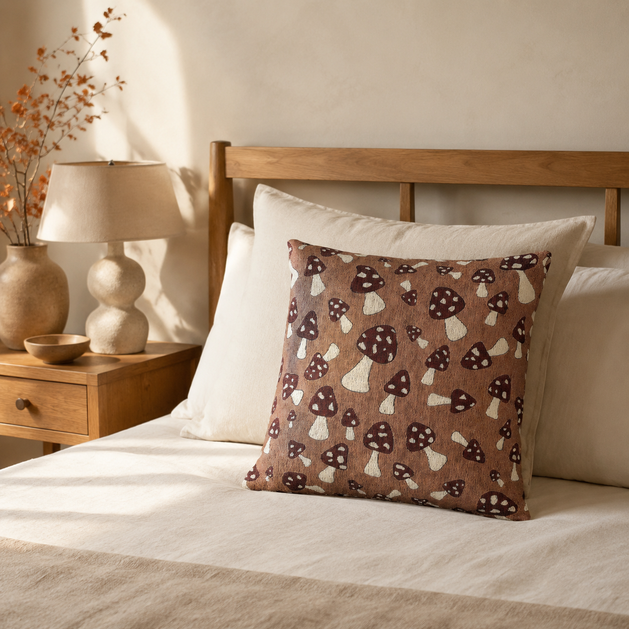 Mushroom woven pillow on a bed with cream linens and a bedside lamp