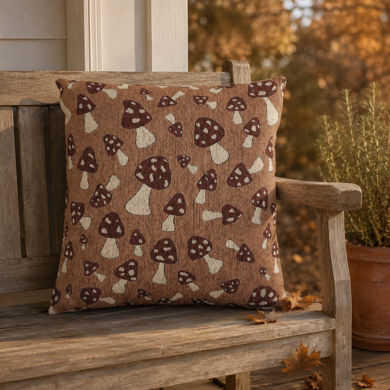 Mushroom Terra pillow on a wooden bench with autumn foliage behind
