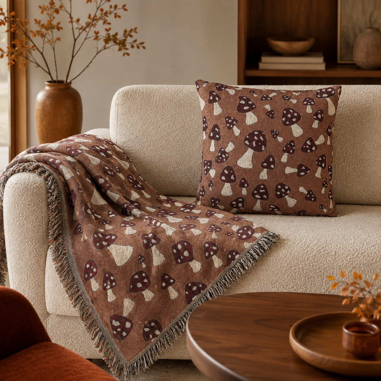 Mushroom pillow and matching blanket styled together on a cream sofa