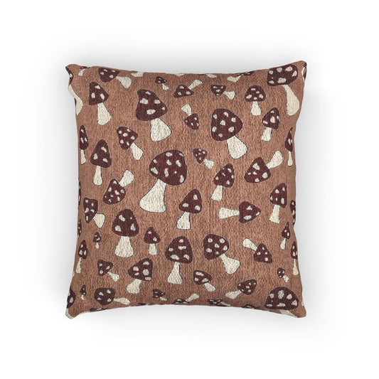 Fall woven pillow with cream and rust mushrooms on a warm brown ground