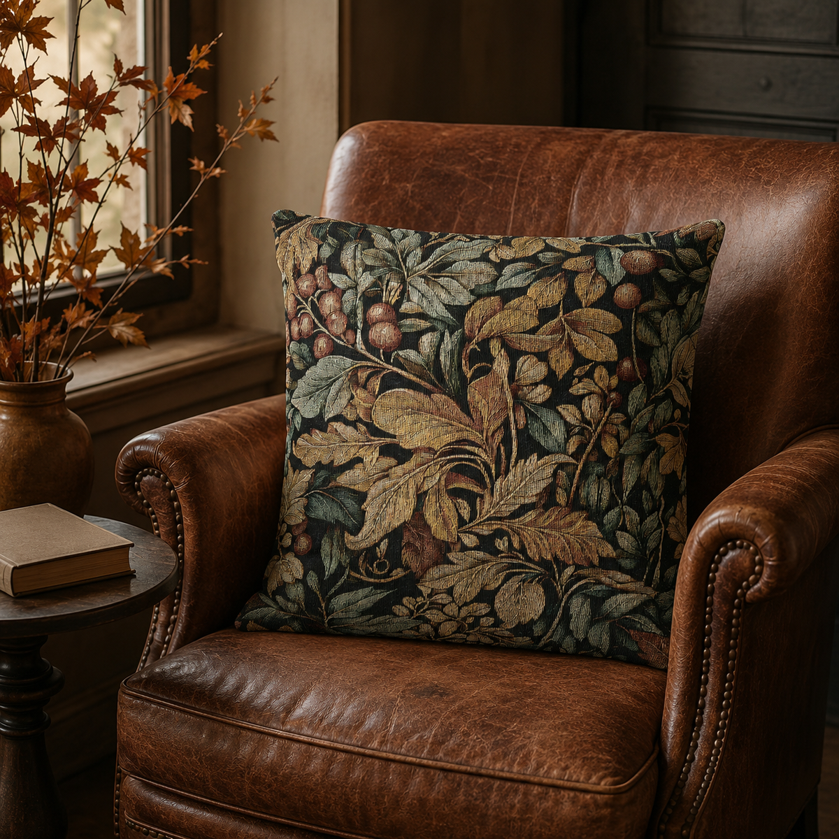 Berry and leaf woven pillow on a brown leather armchair