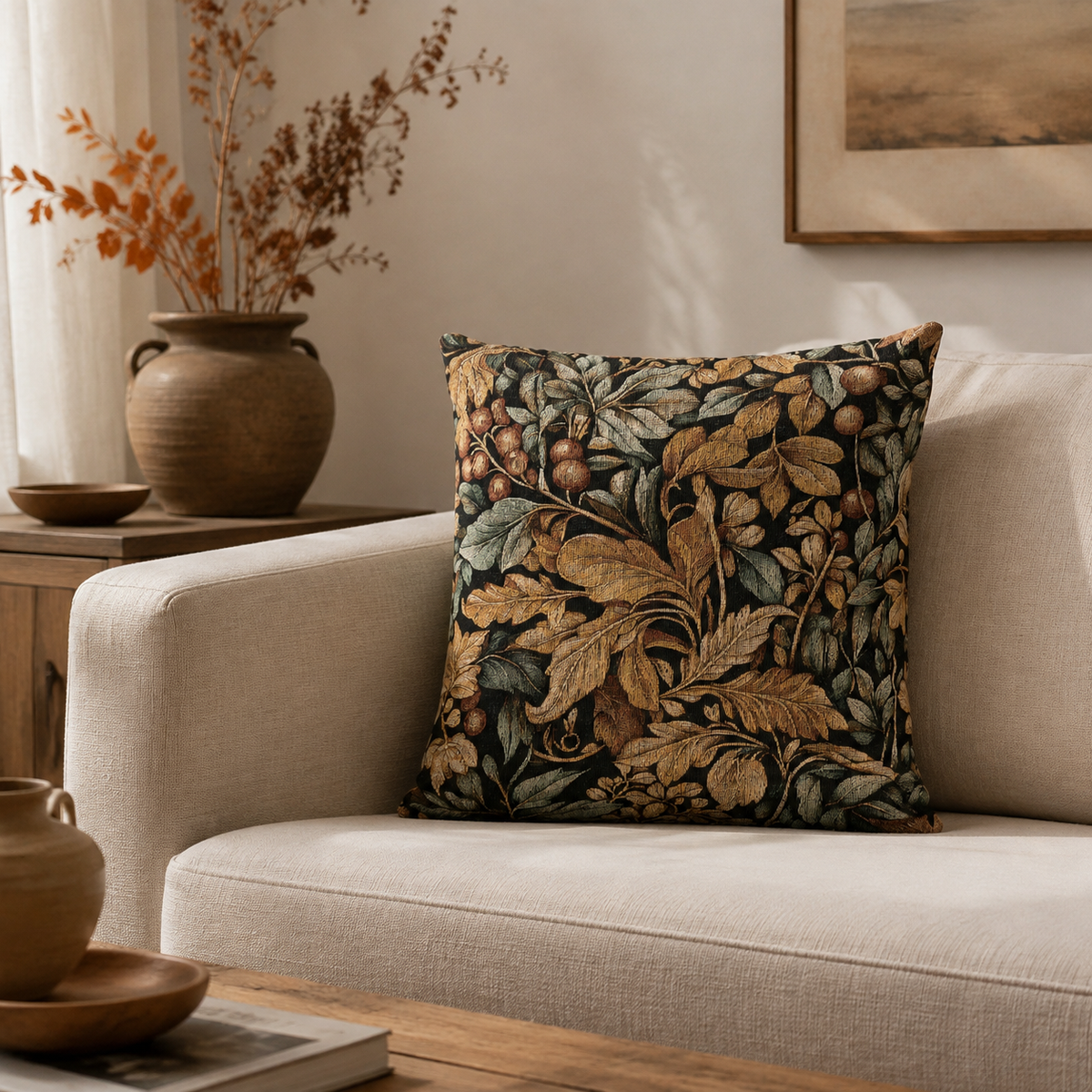 William Morris fall pillow on a cream sofa with dried stems in a vase and framed art behind
