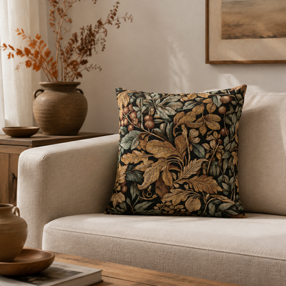 William Morris fall pillow on a cream sofa with dried stems in a vase and framed art behind