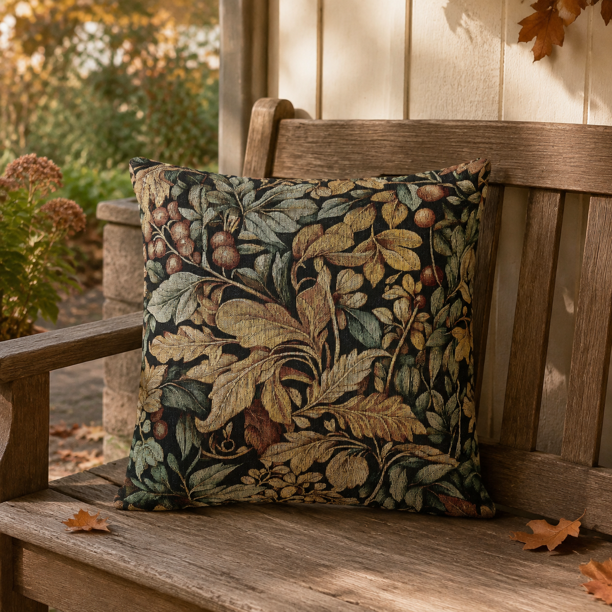 William Morris berry and leaf woven pillow on a chair by a window with autumn foliage outside