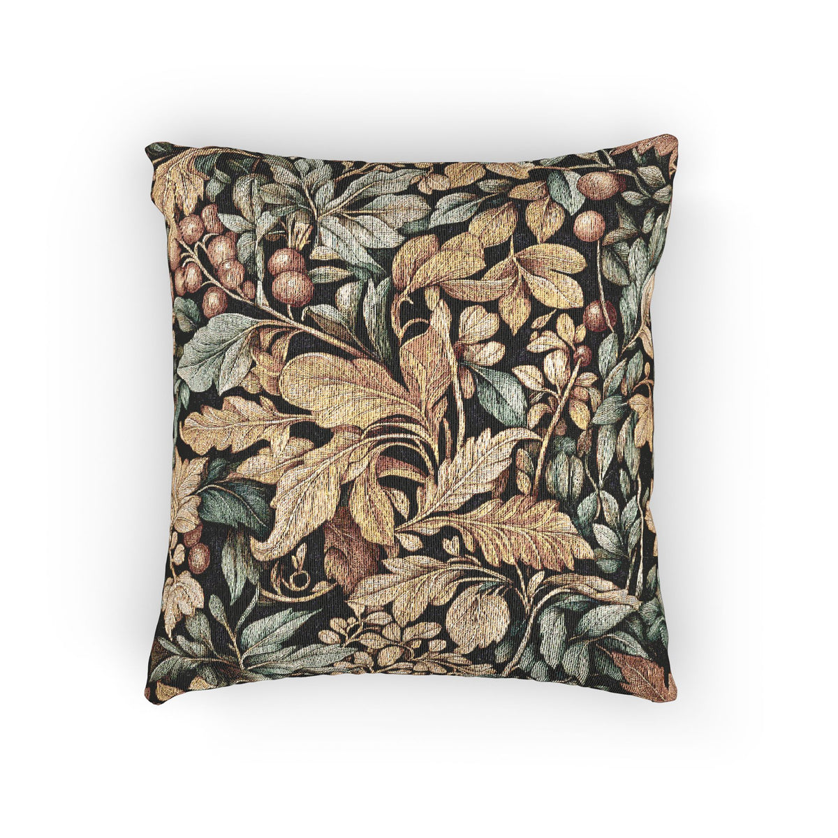 William Morris style fall woven pillow with gold and sage leaves and coral berries on a dark ground, shown at an angle