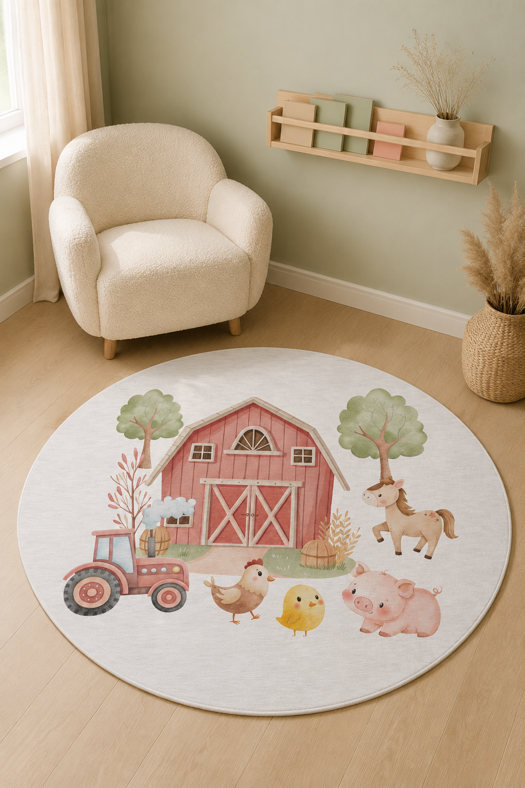 Farm round rug in front of a cream armchair in a nursery