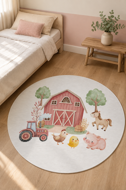 Farm round rug beside a toddler bed against a soft pink wall