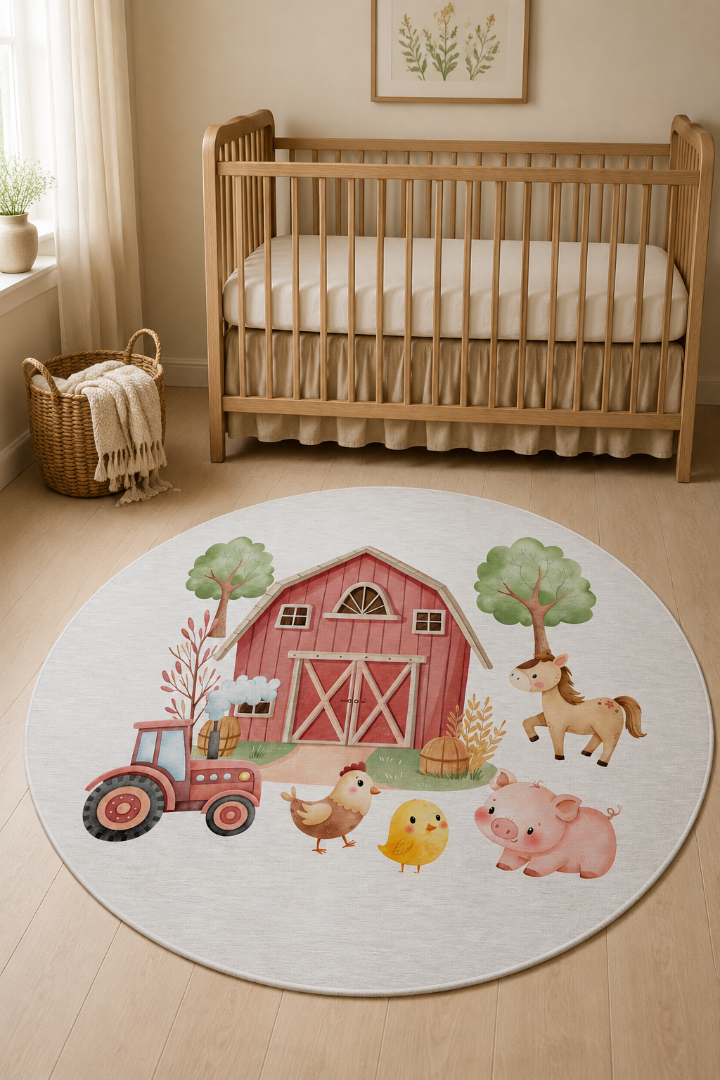Farm round rug on a wooden floor beside a crib in a warm nursery