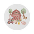 Round nursery rug with a watercolor red barn, tractor, horse, hen, chick and piglet on a soft white ground, shown flat