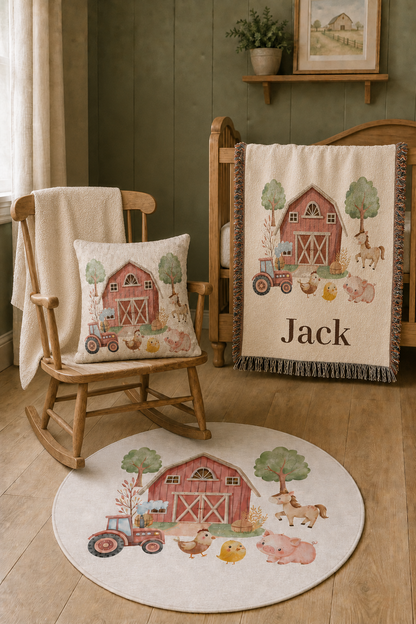 Farm set with the personalized blanket, the pillow on an armchair and the round rug in a nursery