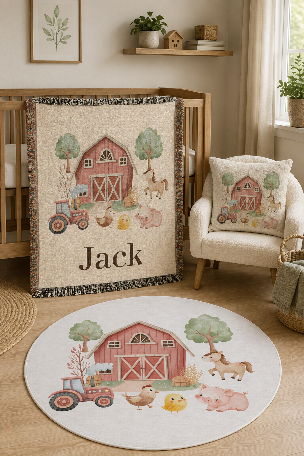 Farm nursery set with the personalized blanket on the wall, the matching pillow and the round rug on the floor