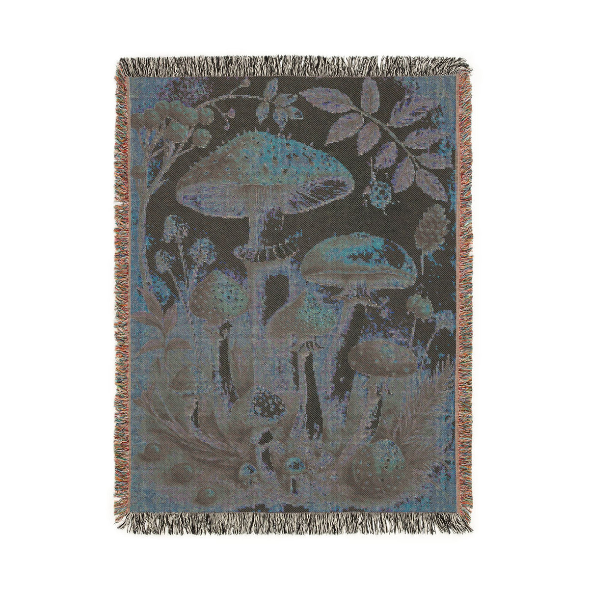 Reverse side of the forest mushroom tapestry blanket in muted blue-grey