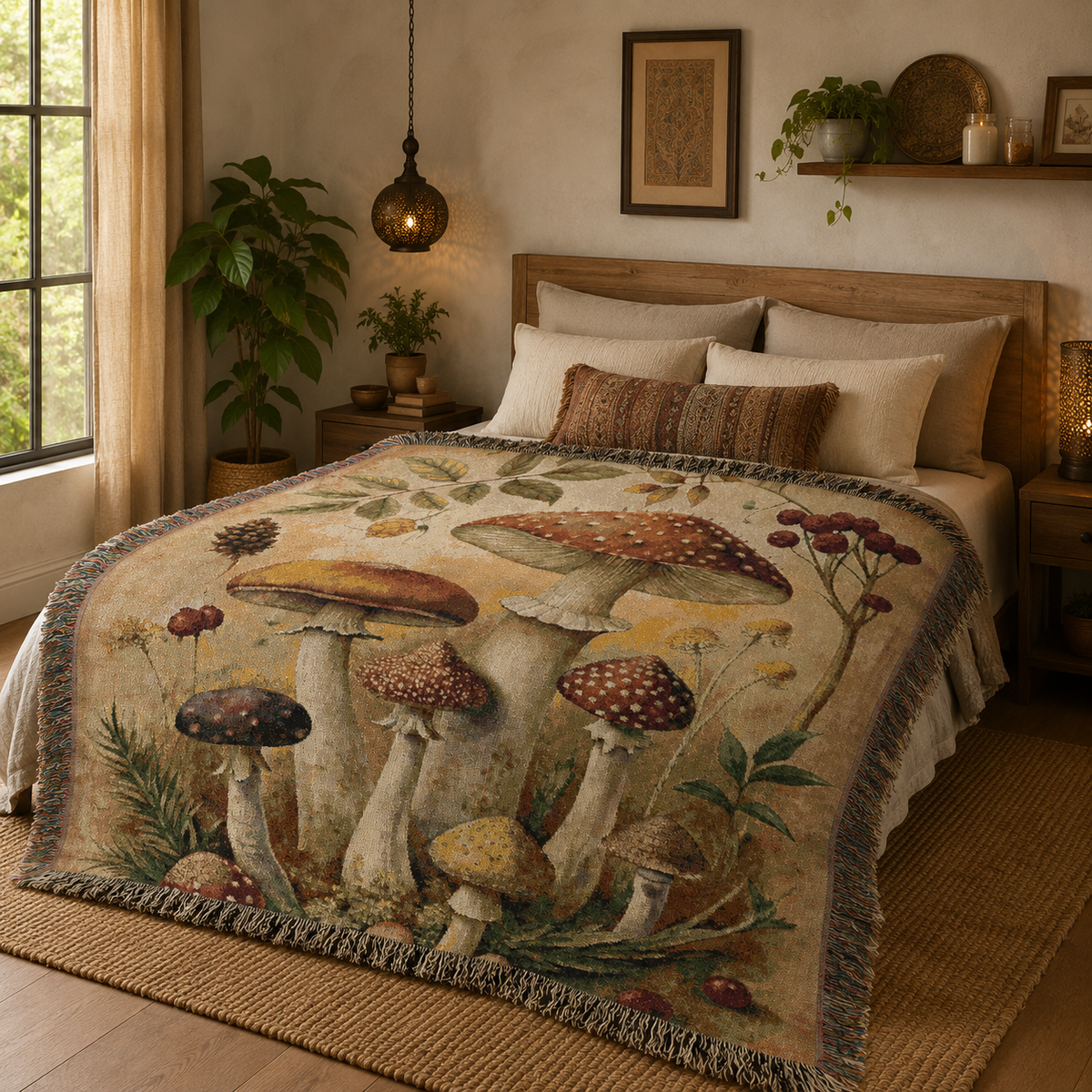 Forest mushroom tapestry blanket used as a bedspread in a bedroom with plants and framed art
