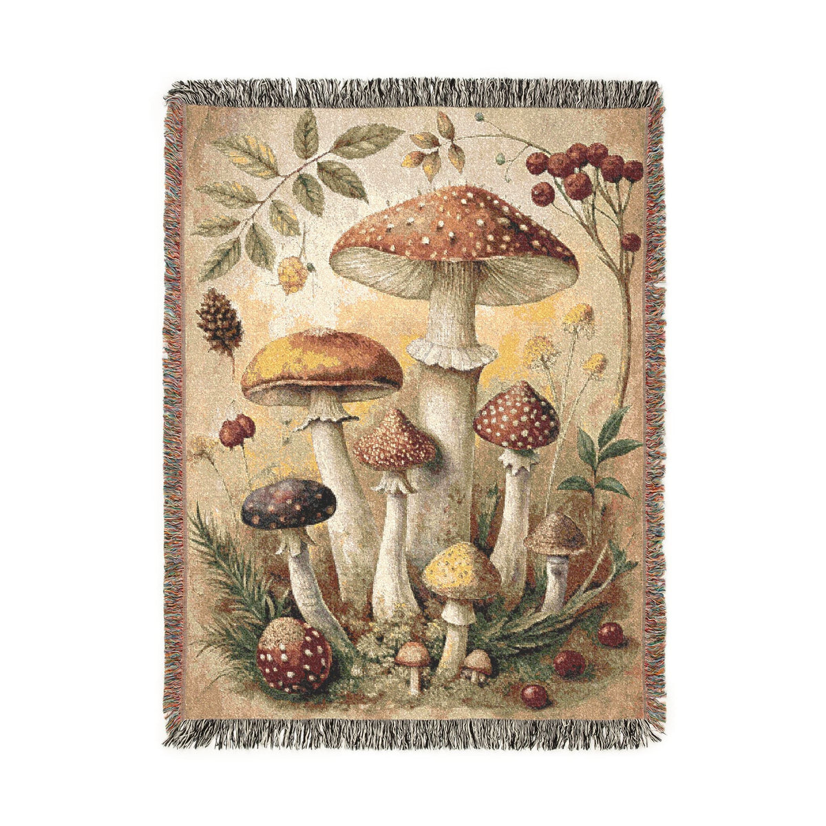 Woodland mushroom woven tapestry blanket with amber toadstools, red berries and green leaves on a cream ground, shown flat