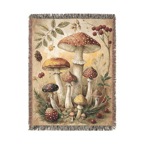 Woodland mushroom woven tapestry blanket with amber toadstools, red berries and green leaves on a cream ground, shown flat