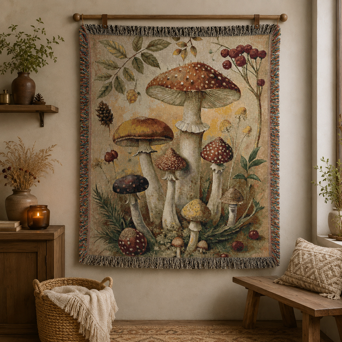 Forest mushroom tapestry blanket hung on a wall above a bench with a lamp and a plant