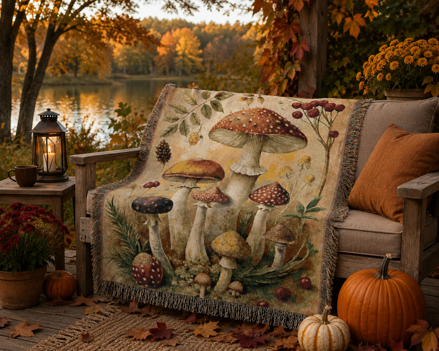 Forest mushroom tapestry blanket over an armchair on a porch with a lantern, pumpkins and autumn trees