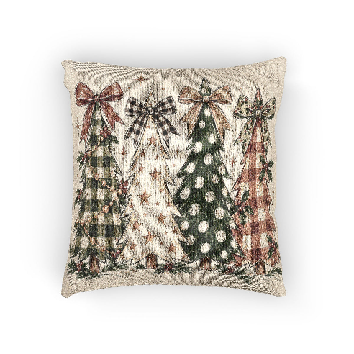 Gingham Christmas Trees woven pillow with four gingham and dotted Christmas trees with plaid bows on cream, front view