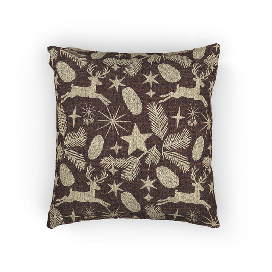Golden Reindeer Pinecone woven pillow with golden reindeer, pinecones and stars on chocolate brown, front view