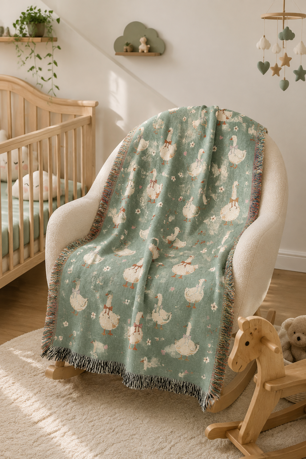 Goose woven blanket over a cream armchair with a plant and shelves behind