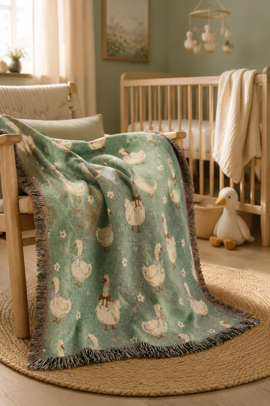 Goose woven blanket draped over the rail of a wooden crib in a nursery