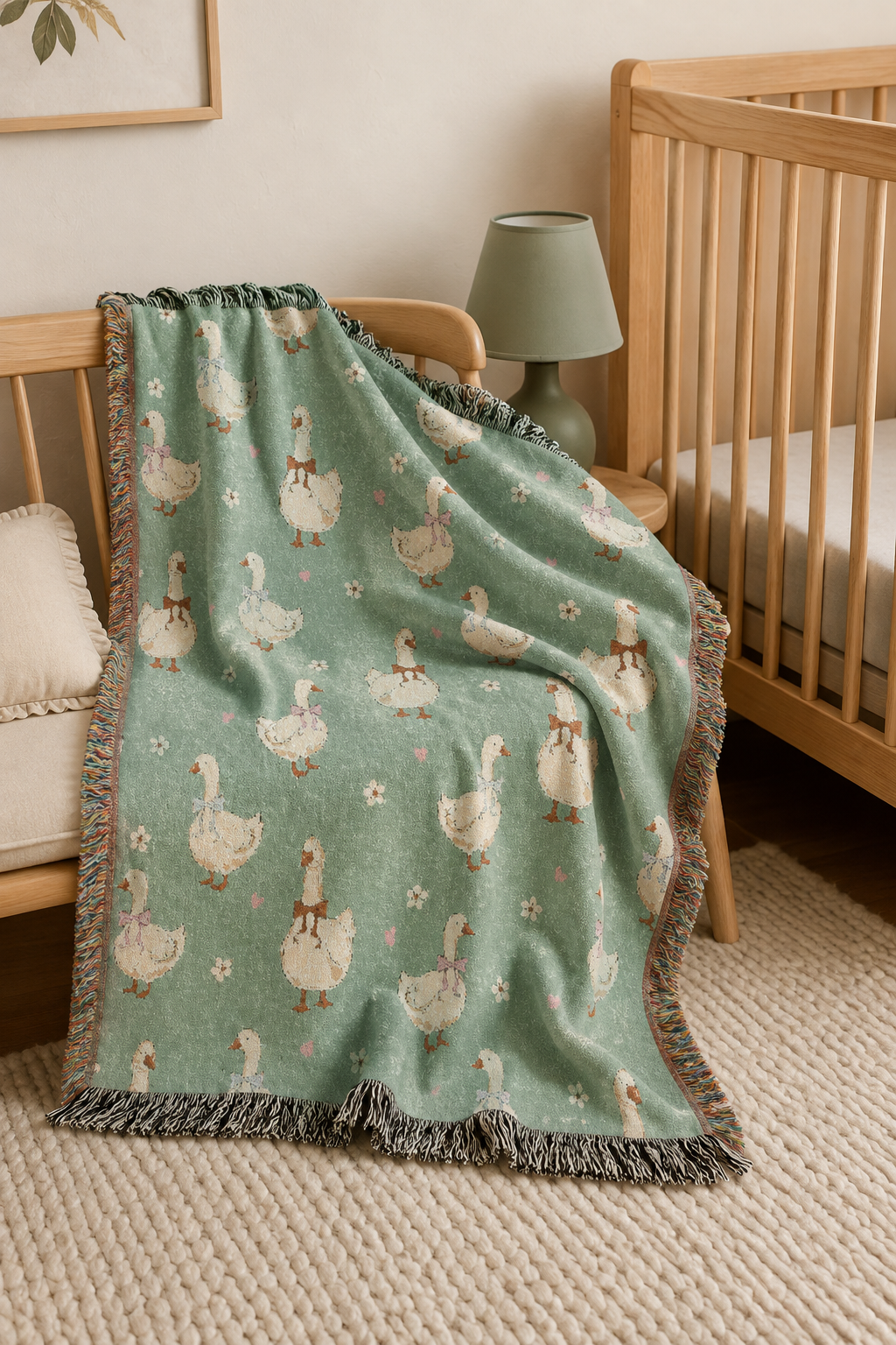 Goose woven blanket over a wooden crib in a bright neutral nursery