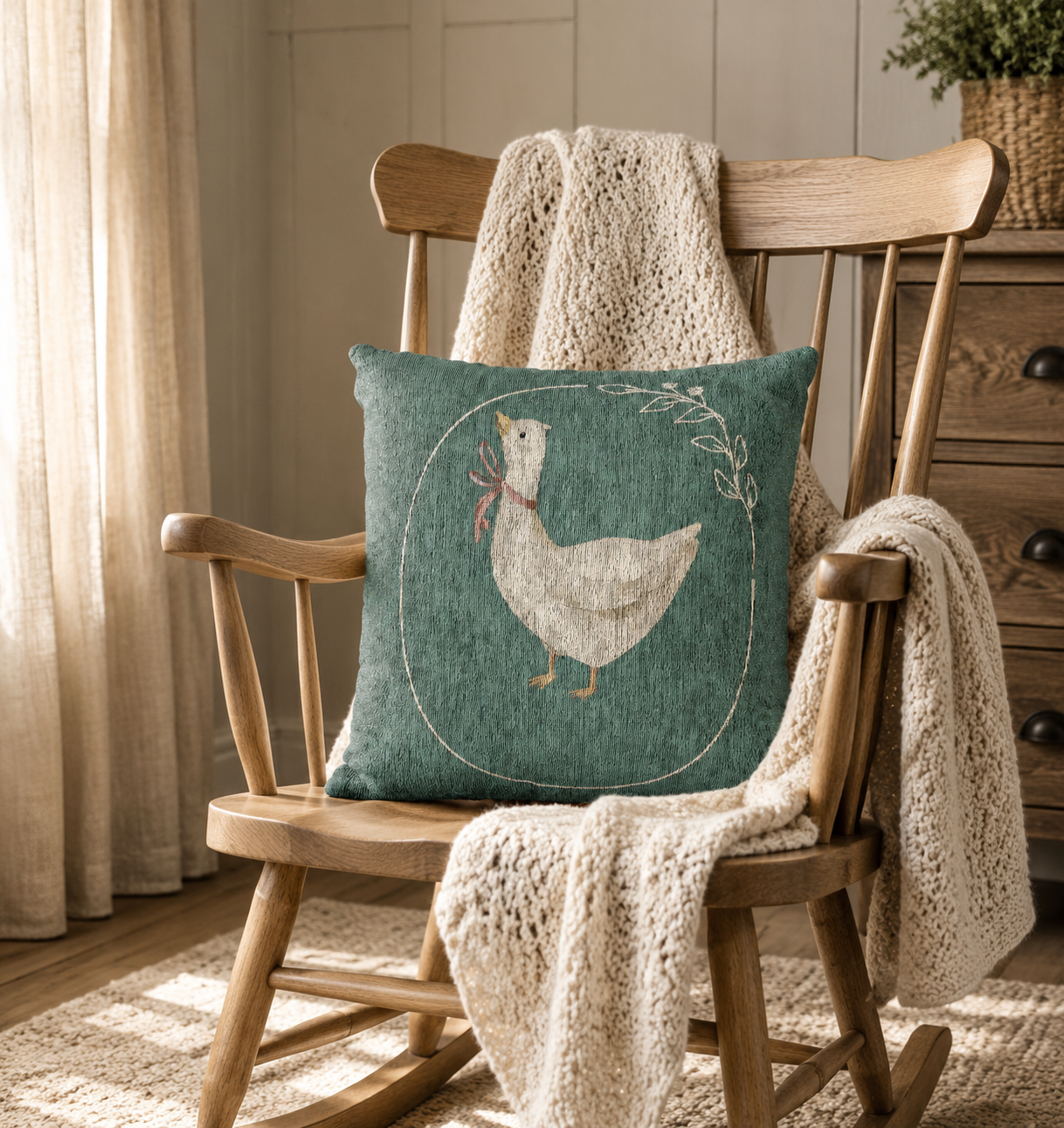 Woven pillow with cream geese in rust, lilac and blue bows and small daisies on sage green