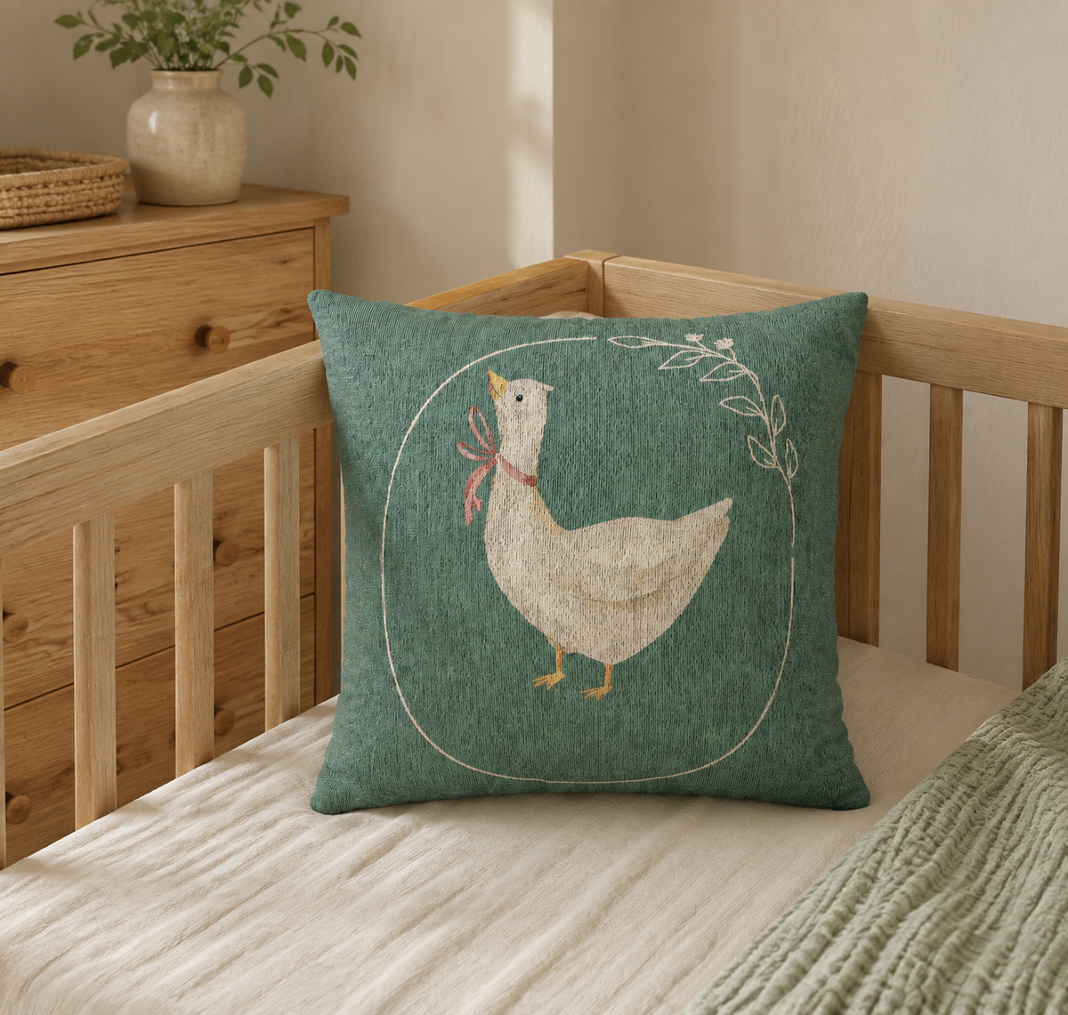Goose woven pillow in sage green with cream geese and small daisies