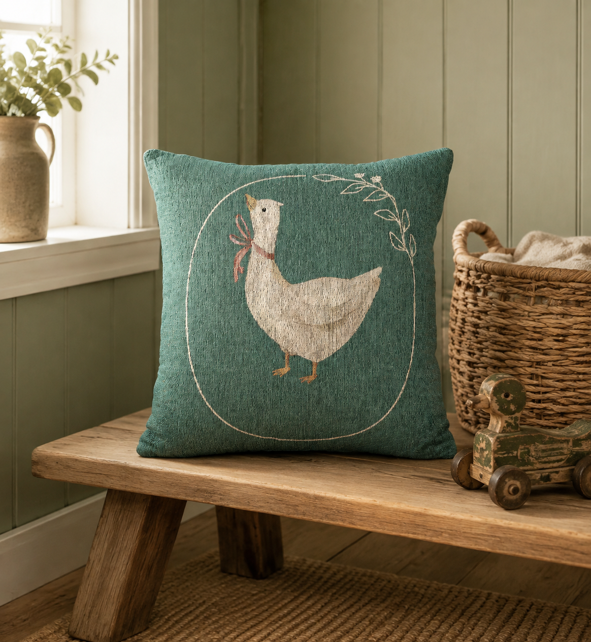 Sage green goose woven pillow with cream geese wearing ribbon bows