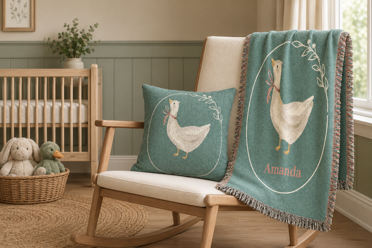 Goose woven pillow in sage green with cream geese and daisies, styled in a nursery