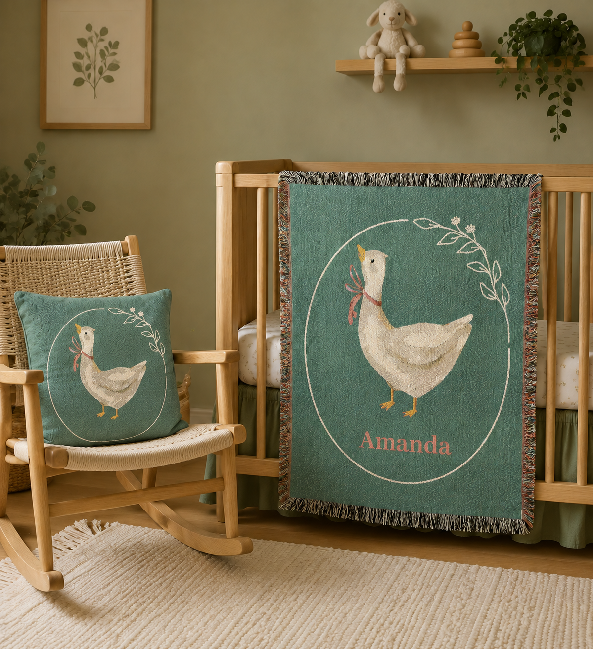 Goose woven pillow styled with the matching goose sage nursery items