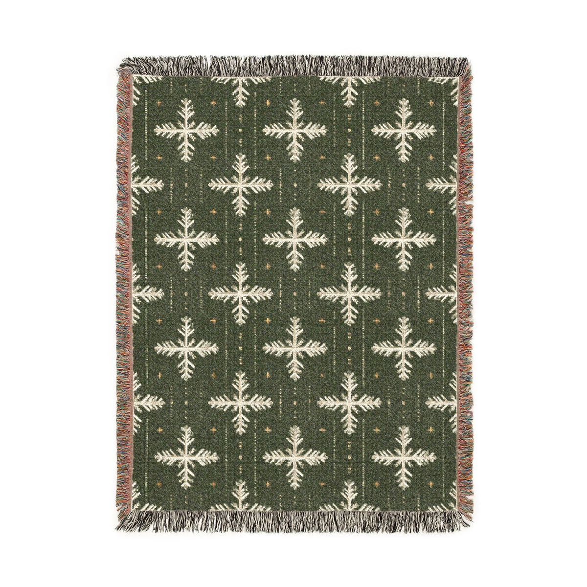 Green Nordic Snowflake woven blanket with cream snowflakes and golden stars on moss green