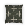 Green Nordic Snowflake woven pillow with cream snowflakes and golden stars on moss green