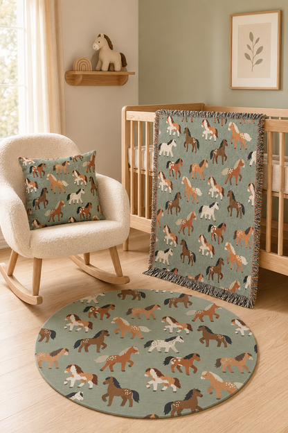 Horse round rug in front of a cream armchair with the matching horse blanket