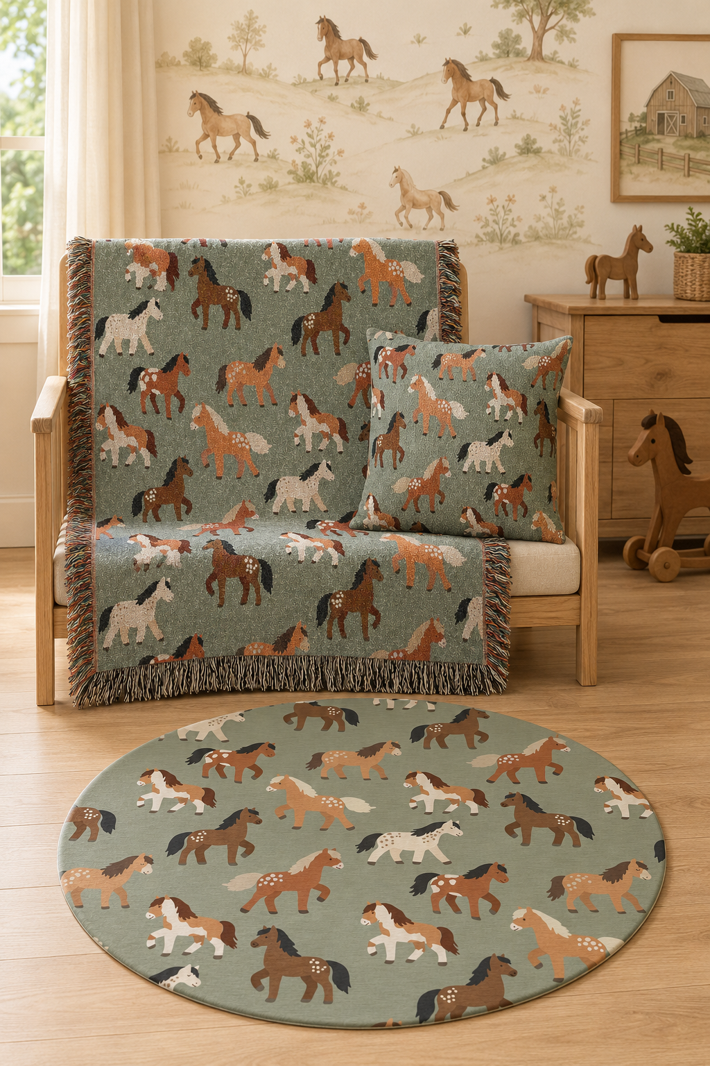 Horse round rug in front of a bench with the matching blanket in a nursery
