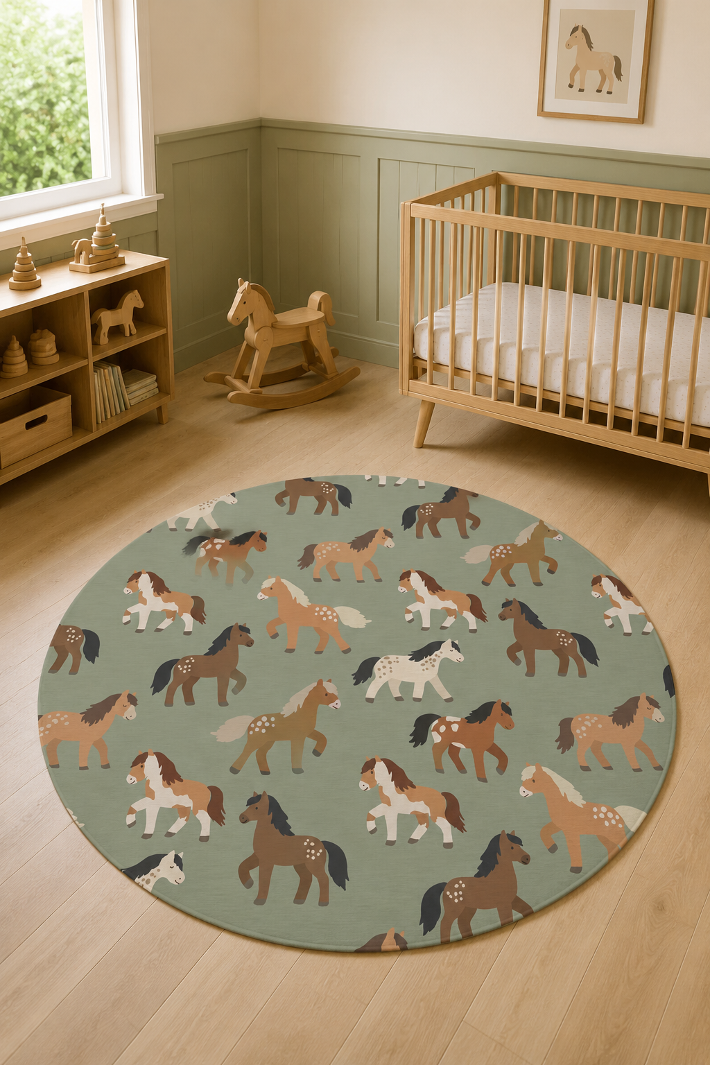 Horse round rug on the floor of a nursery beside a crib