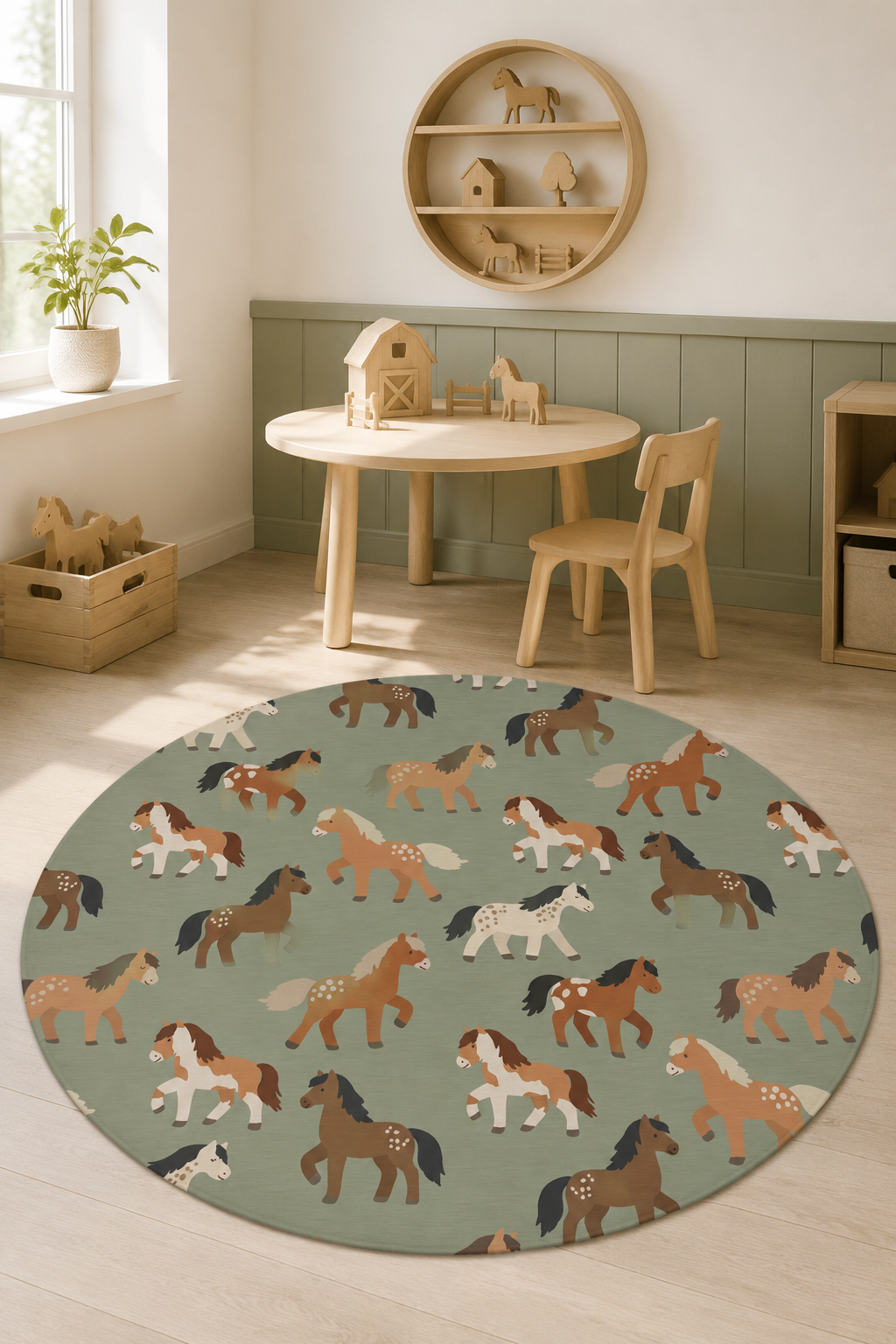 Horse round rug on a wooden playroom floor with a play table and shelves