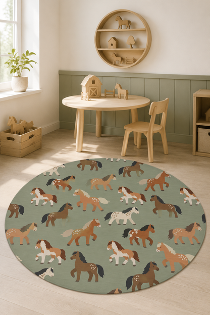Horse round rug on a wooden playroom floor with a play table and shelves