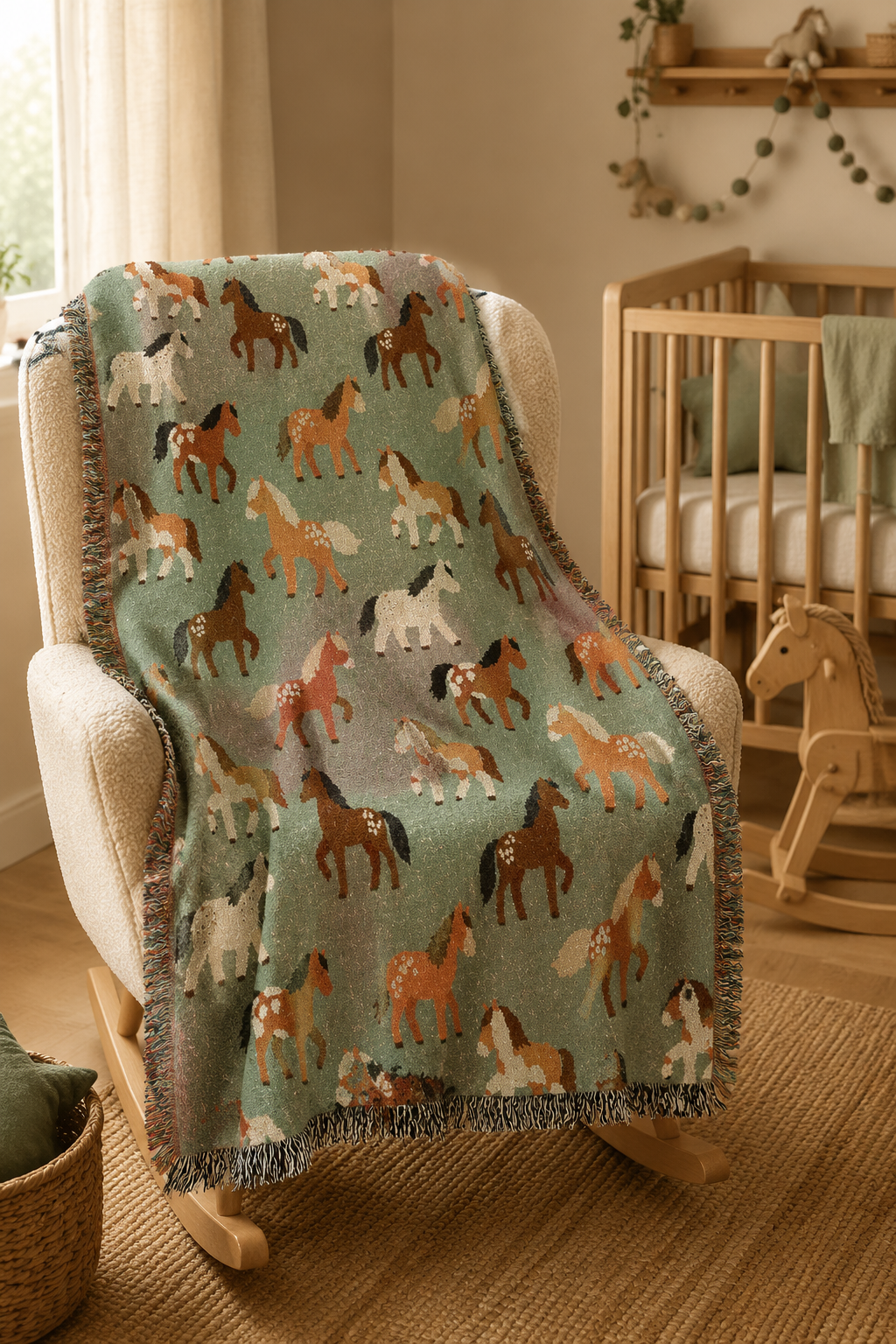 Horse woven blanket over a cream armchair in a bright room