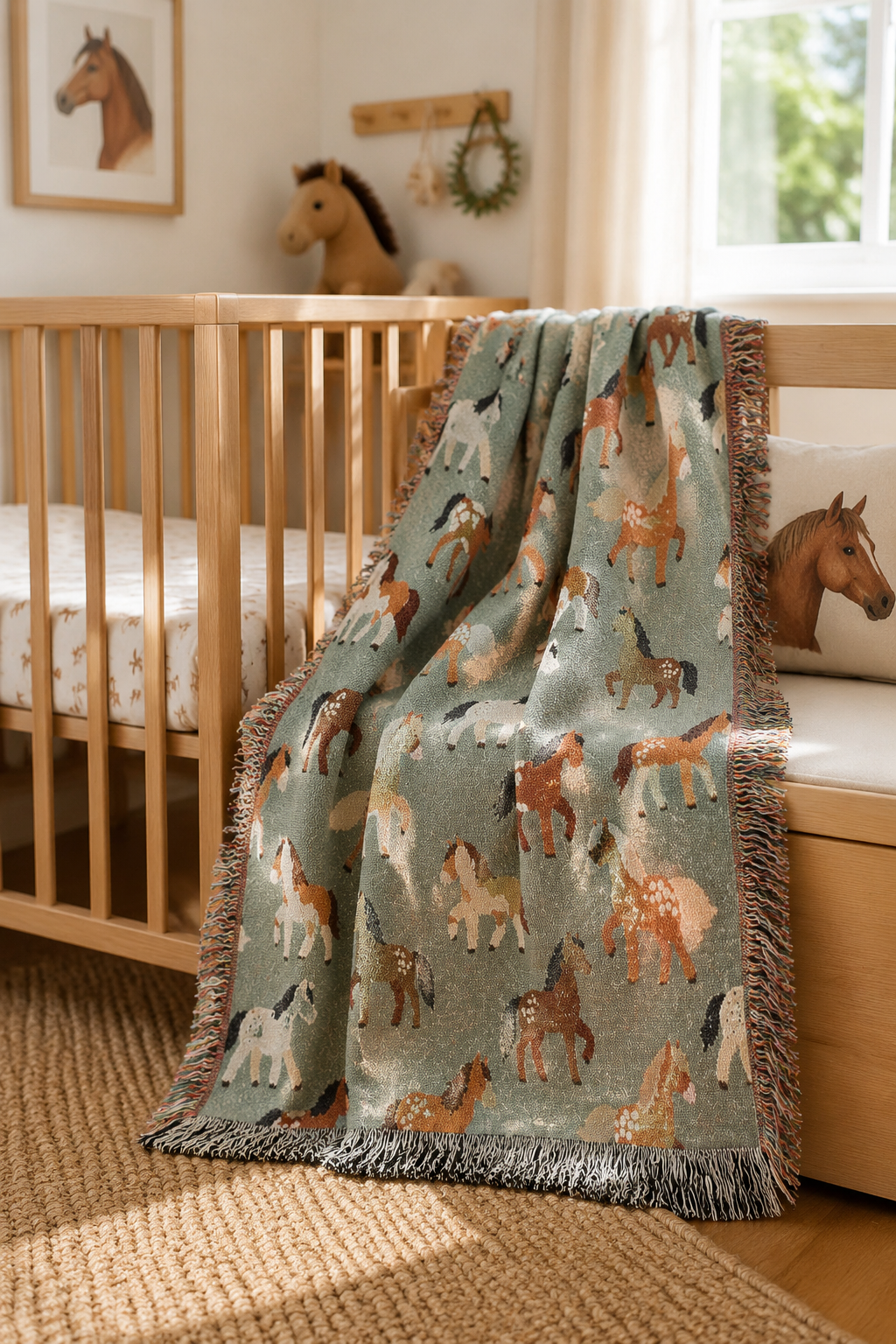 Horse woven blanket over the rail of a wooden crib in a neutral nursery