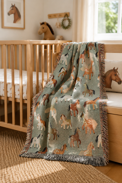 Horse woven blanket over the rail of a wooden crib in a neutral nursery