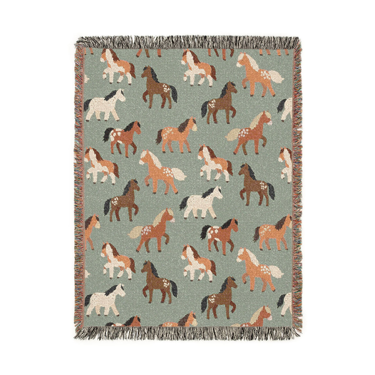 Sage green woven blanket with chestnut, rust and cream horses walking across it, shown flat