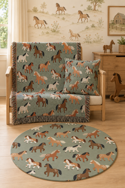Horse sage set with the pillow on a bench and the matching round rug in a nursery