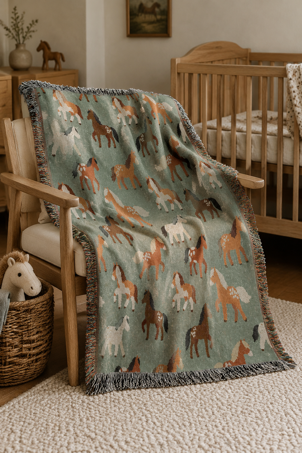 Horse woven blanket over a chair beside a wooden crib with framed art above