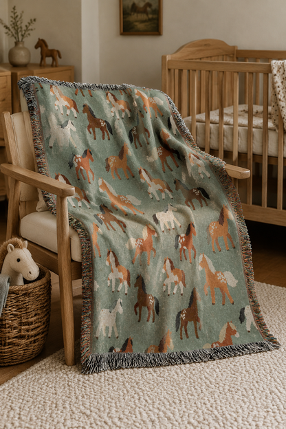 Horse woven blanket over a chair beside a wooden crib with framed art above