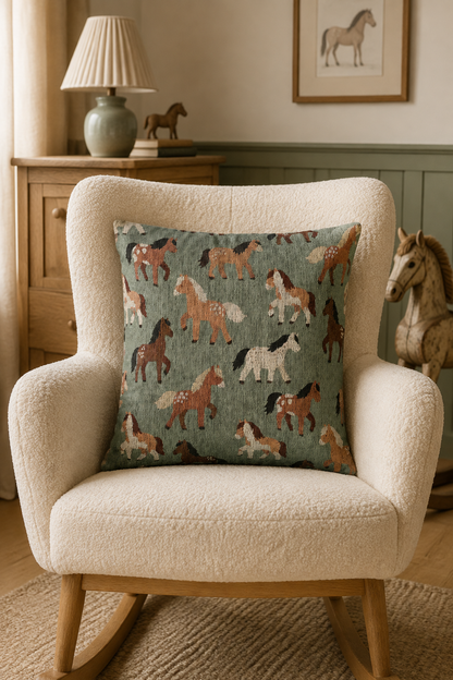 Horse woven pillow on a cream armchair beside a table lamp