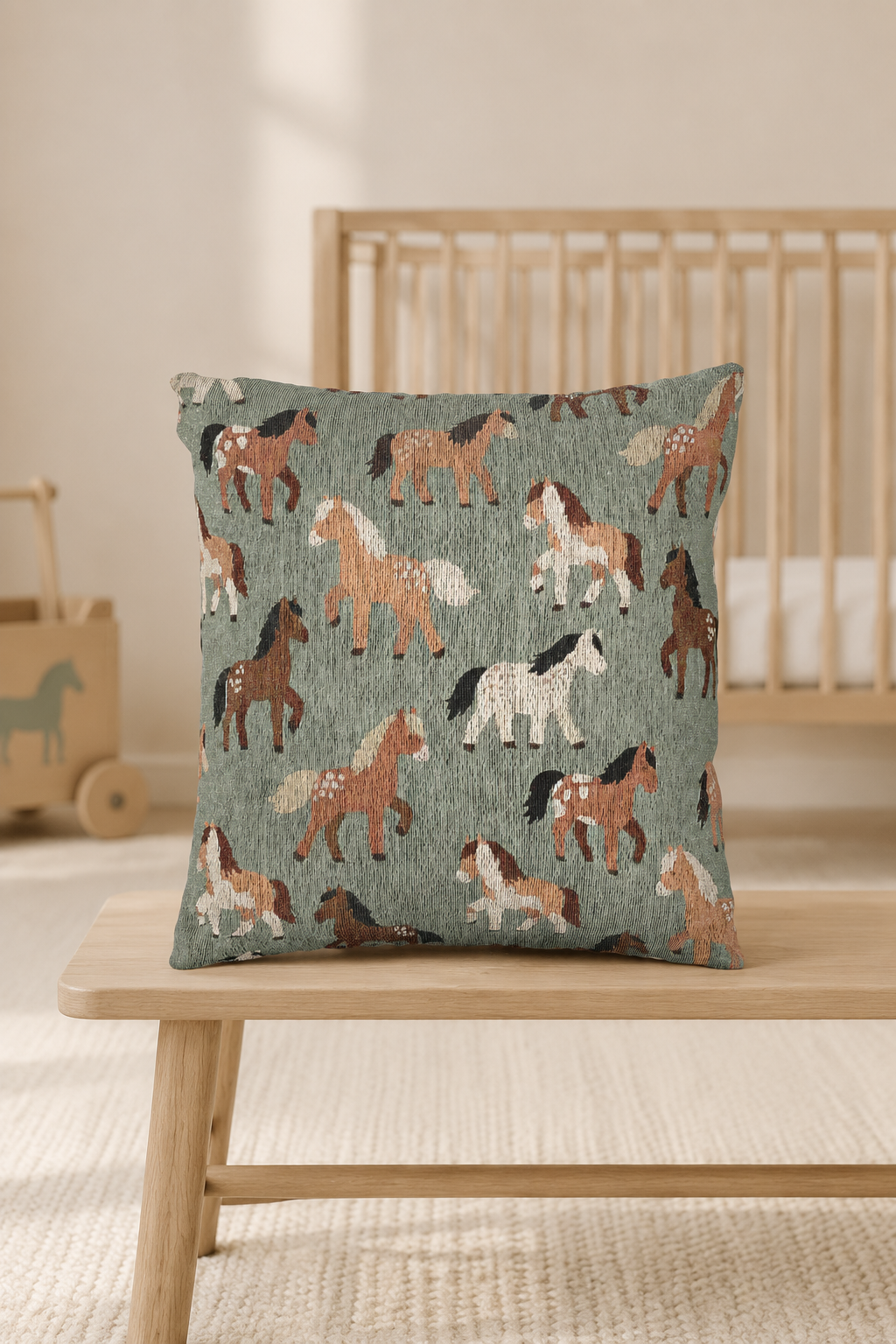 Horse woven pillow displayed on a wooden bench