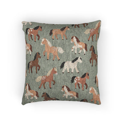 Woven pillow with chestnut, rust and cream horses on sage green, front view