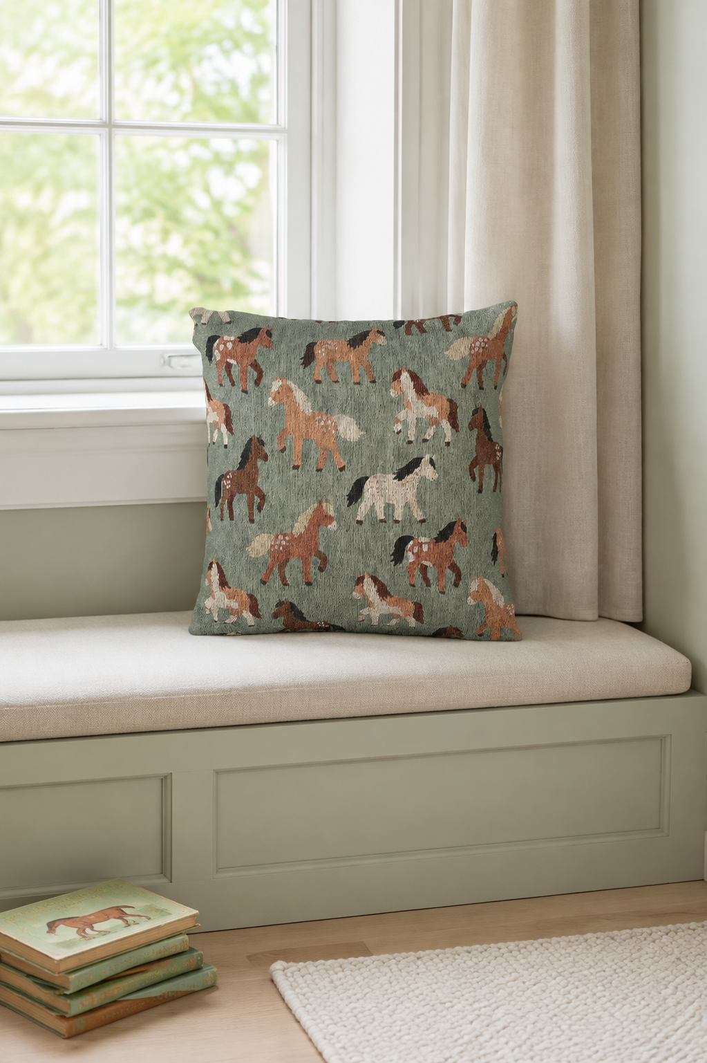 Horse woven pillow on a cushioned window seat in soft daylight
